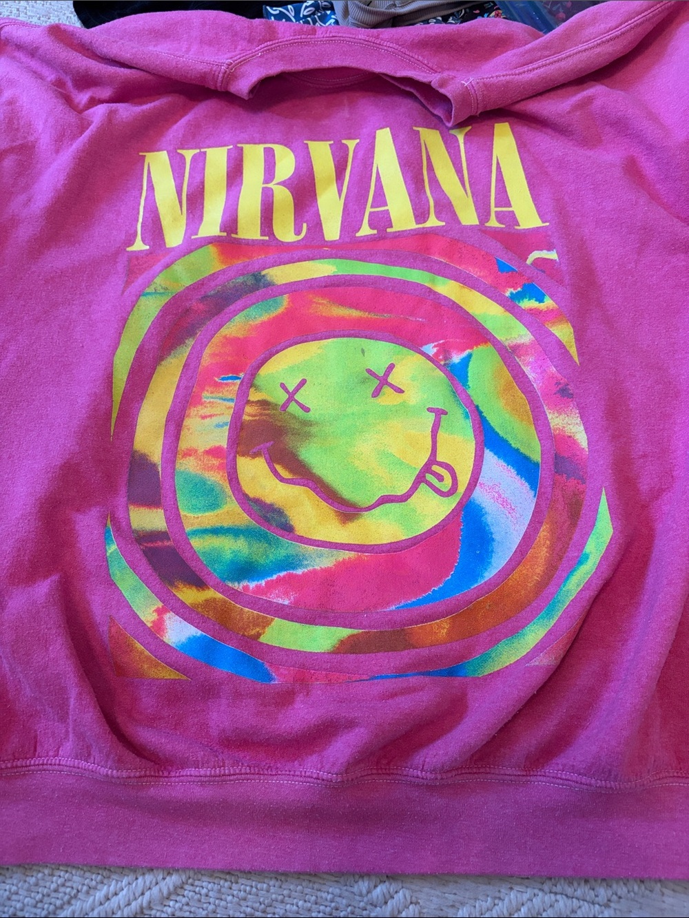NIRVANA Hot Pink Hoodie with Multicolor Tie-Dye Smiley Graphic